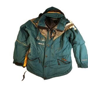 Vintage 90s Vertical Resorts Ski Jacket Teal Colorblock Hooded Snow Coat L